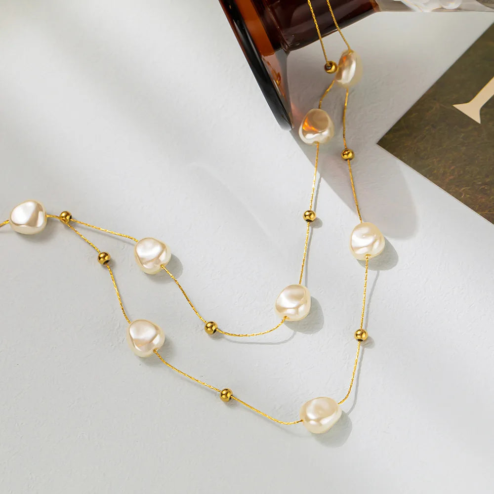 316L Stainless Steel 2in1 Large Pearl Pendant Necklace for Women New Trend Girls Neck Jewelry Chain Party Wedding Gift
