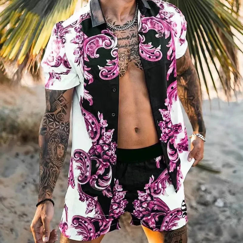 Summer Exquisite Men's Shirt Set Coconut Print Short Sleeve Top Leopard Print Shorts 2 Piece Hawaii Beach Men's Fashion Clothing