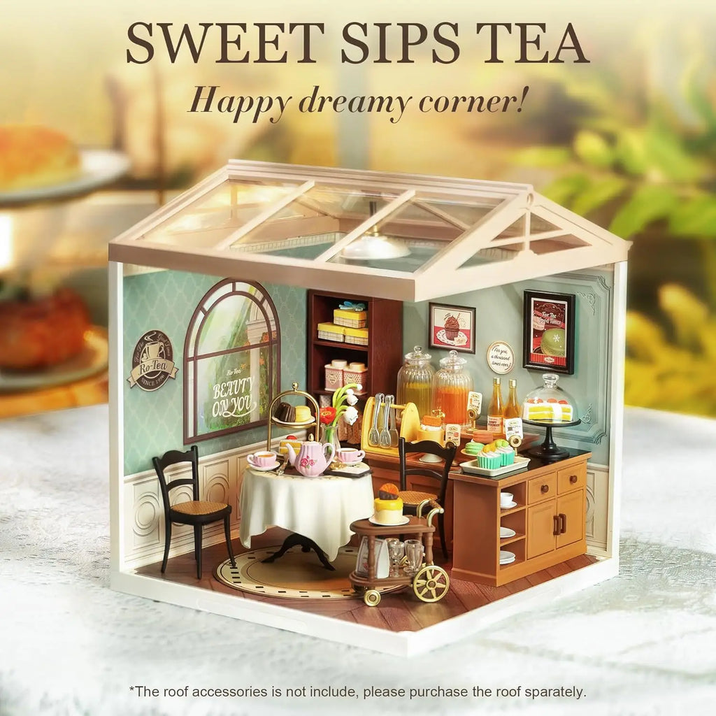 Rolife DIY Miniature House Kit Sweet Sips Tea Super Creator Dollhouse 3D Puzzle Model Building Kit with LED Light for Home Decor