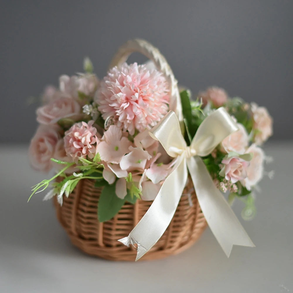 Boho Flower Girls Basket Wedding Flower Girl Baskets with Handle Wicker Picnic Basket Handmade Rattan Flower Basket Home Decor