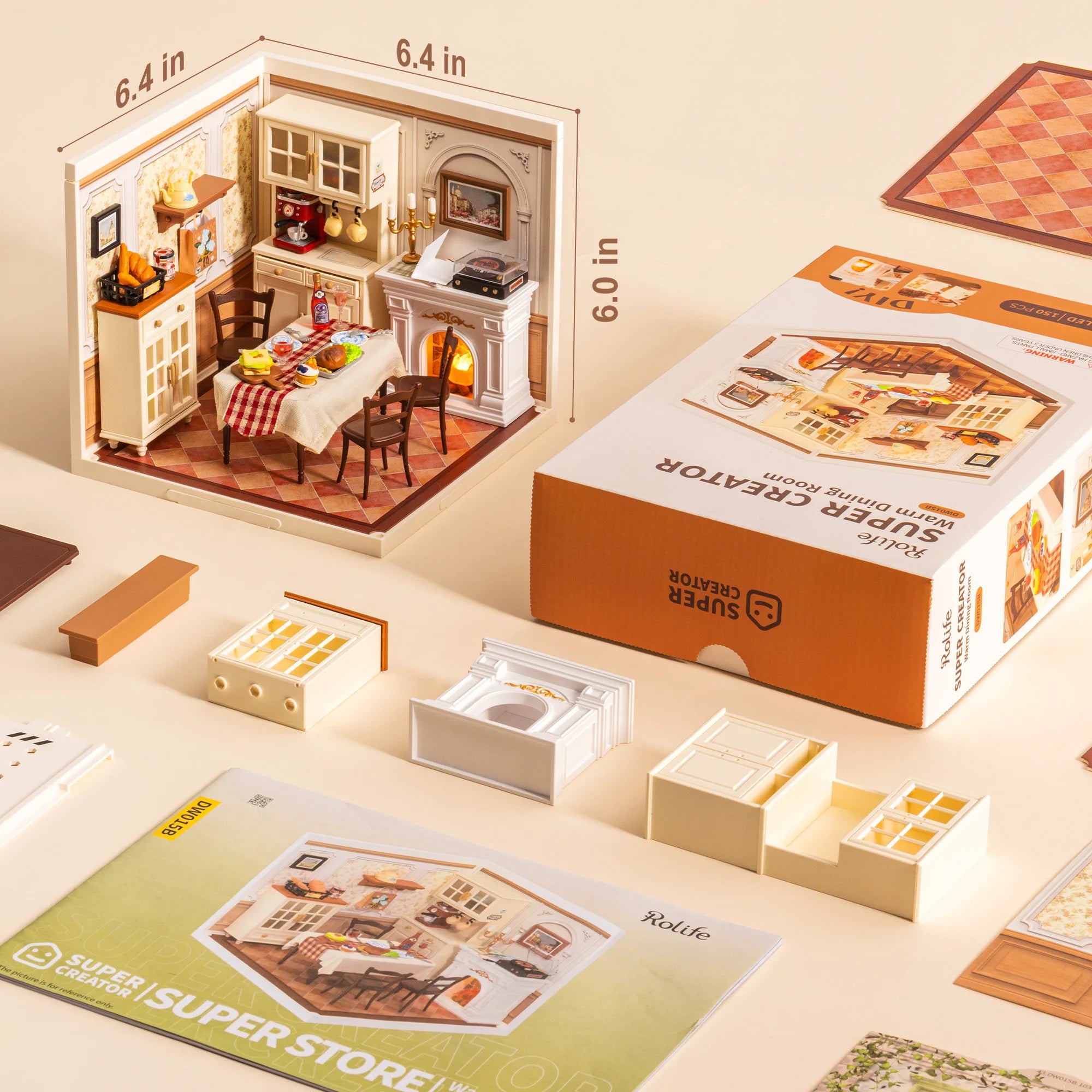 Rolife DIY Miniature House Kit Warm Dining Room Super Creator Dollhouse 3D Puzzle Model Building Kit with LED Light Home Decor