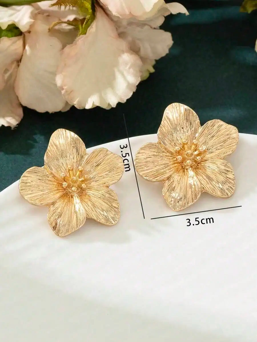 Gold Floral Stud Earrings with Textured Petals and Beaded Center for Women