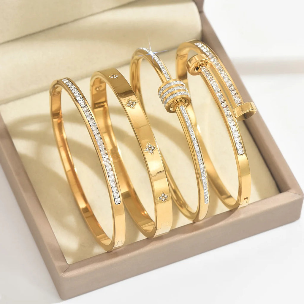 Titanium Steel Stacked Bracelet Couple's Shiny Zircon Inlaid Stainless Steel Bangles Gold Color Female Jewelry Gift