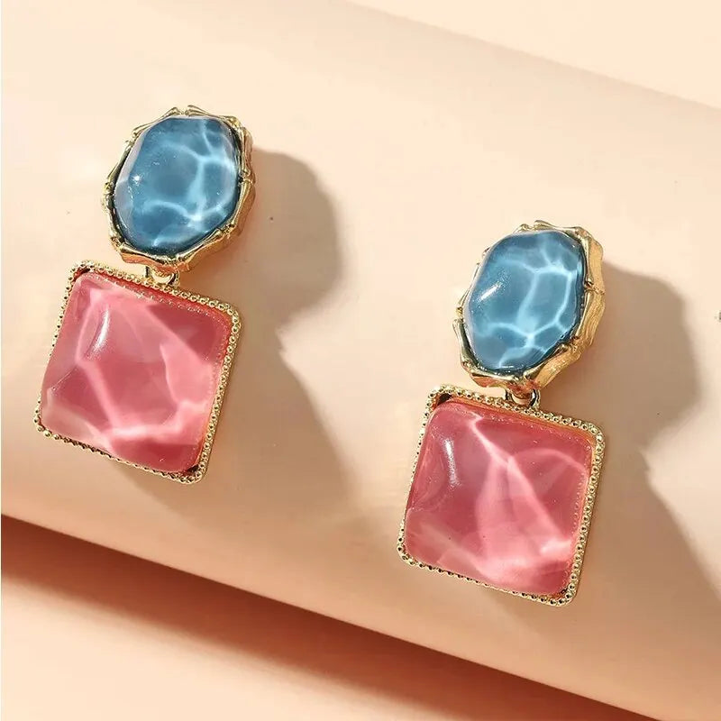 Women Round Square Crystal Stone Drop Earrings Pink Orange Olive Blue Bright Colorful Glass Stone Dangle Earrings Trendy Jewelry