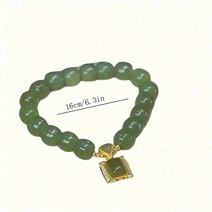 Elegant Chinese-Style Green Jade Beaded Bracelet | Imitation Jade Pendant & Gold Accents, Versatile for Daily