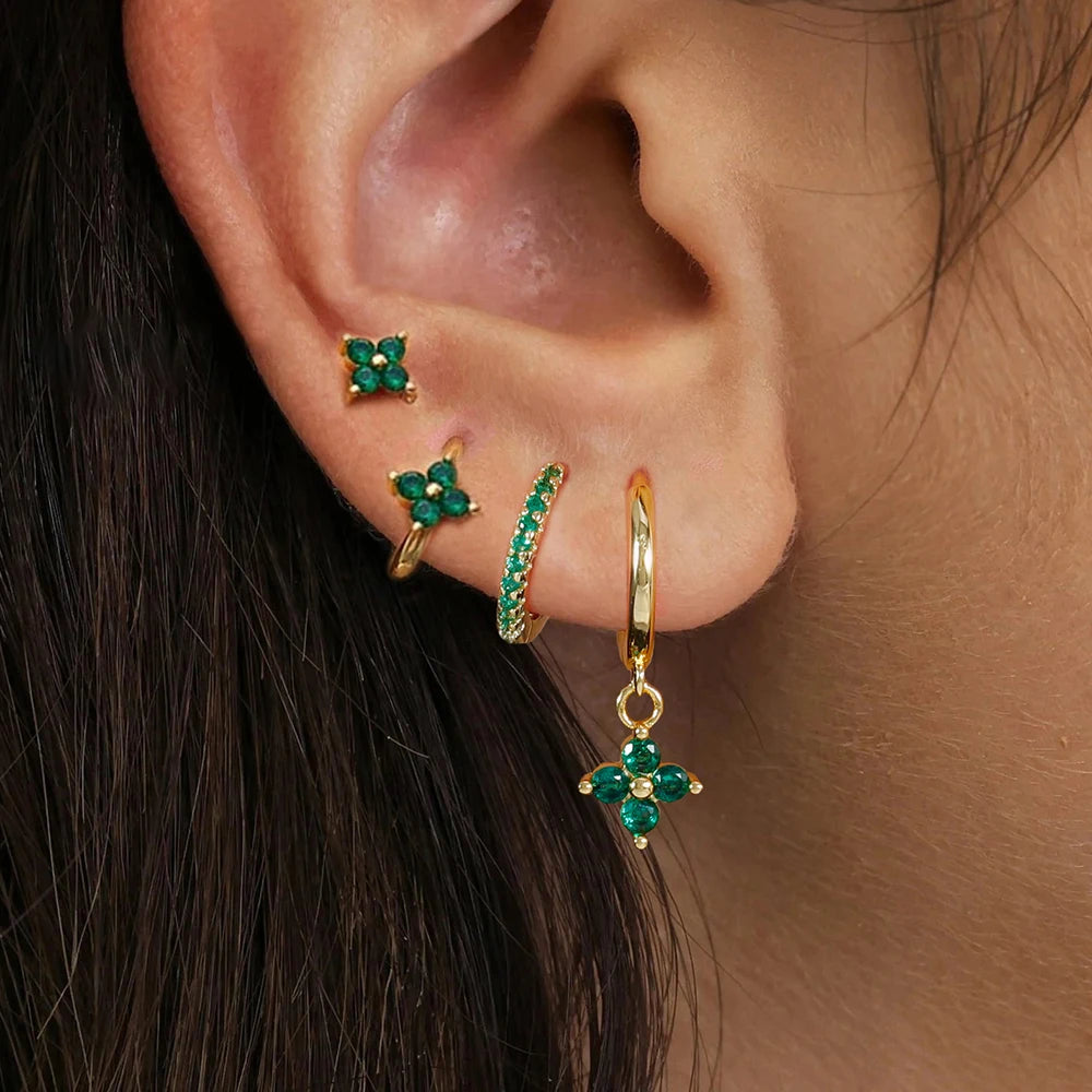 4pcs Fashion Cubic Zirconia Flower Hoop Earrings Set 18K Gold Plated Stainless Steel Stud Earring Piercing Jewelry aretes mujer