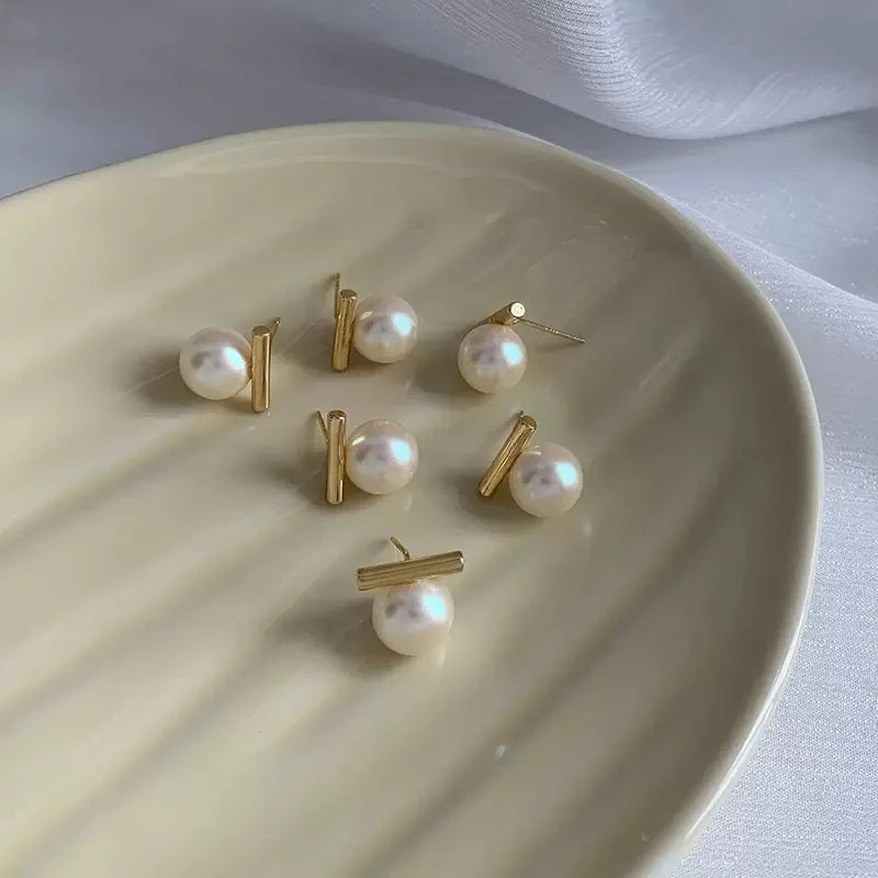 Simple Imitation Pearl Stud Earrings Gold Color Alloy Acrylic Beads Earring For Women Fashion Jewelry Trend Accessories