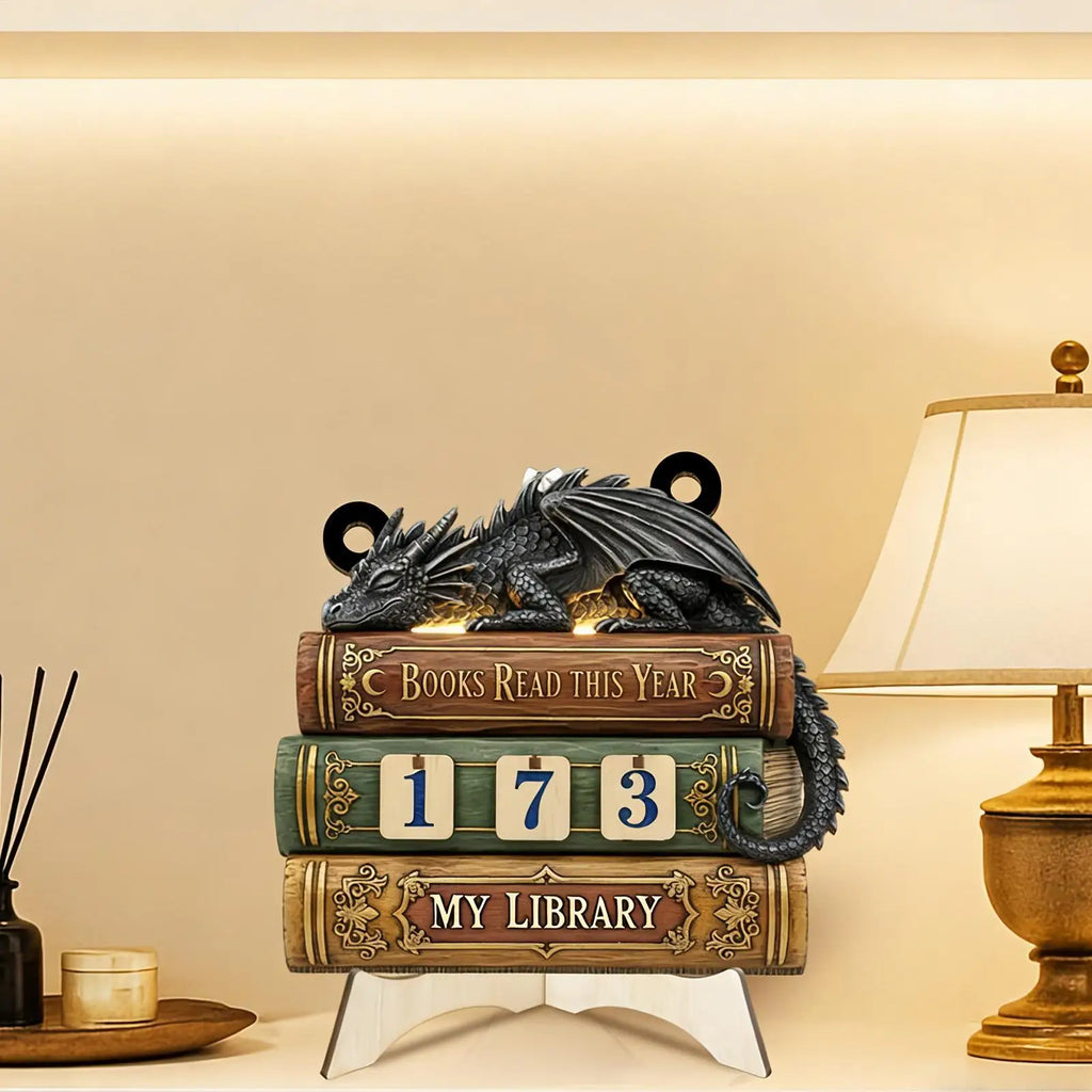 Dragon Embossed Wooden Books Read Counter Tracker Reading Challenge Goal Display Ornament Bookend for Book Lovers Library Decor