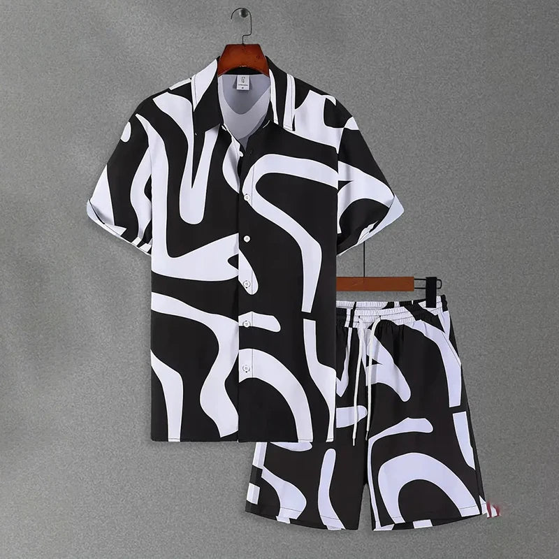 Men's Hawaiian Beach Vacation Shirt Men's Short Sleeve Shorts Set Textured Printed Men's 2-Piece Casual Ventilated Men's Set