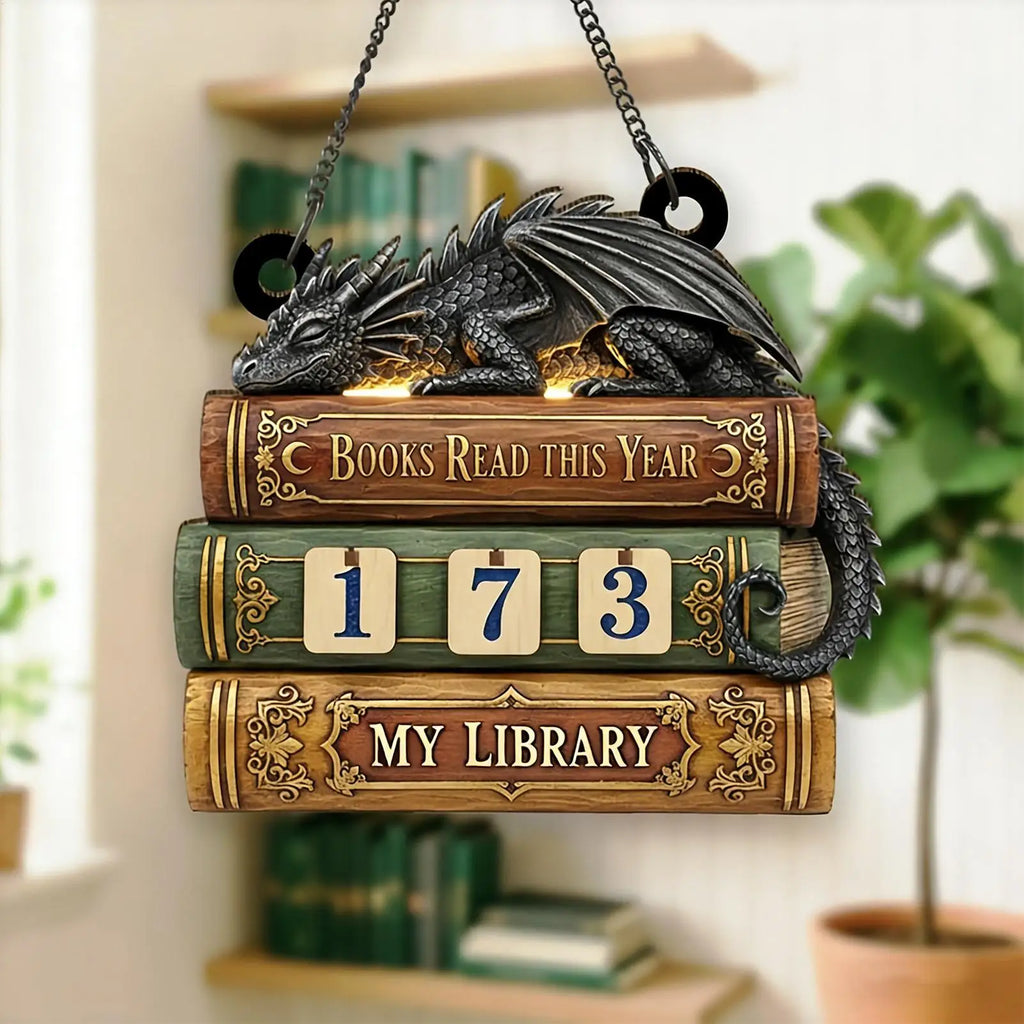 Dragon Embossed Wooden Books Read Counter Tracker Reading Challenge Goal Display Ornament Bookend for Book Lovers Library Decor