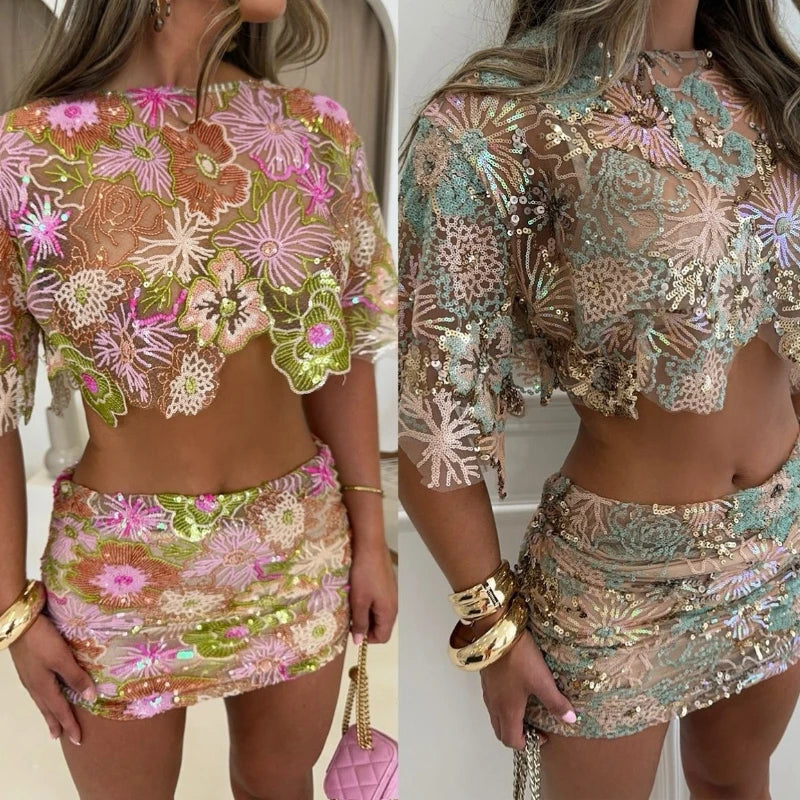 Women's Slim Fit Printed Crop Top And Skirt Set with Sequin Embroidery See-through Summer Beach Outfit Short Sleeve