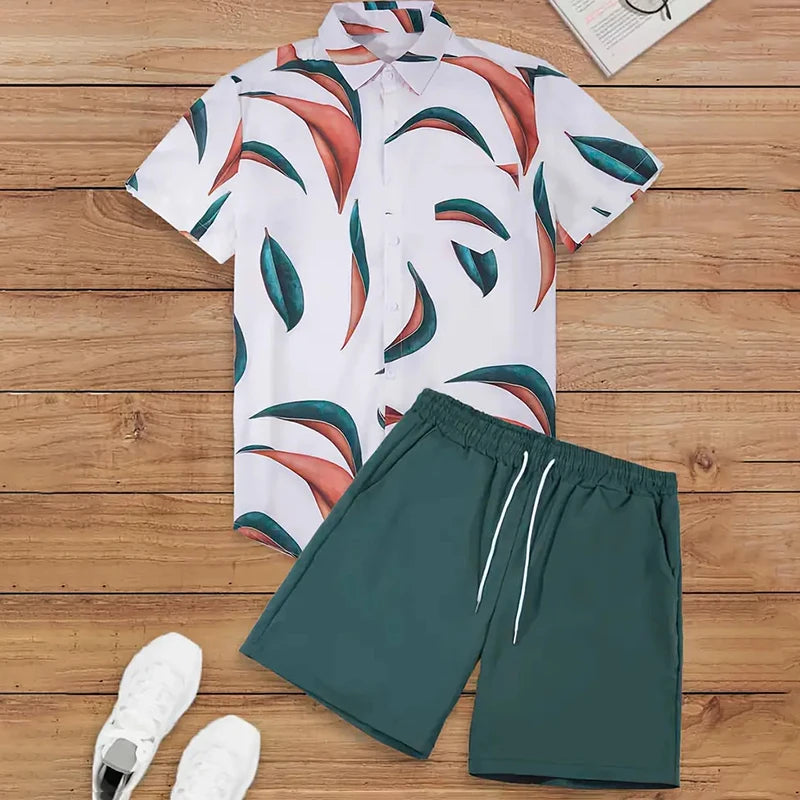 Men's Hawaiian Beach Vacation Shirt Men's Short Sleeve Shorts Set Textured Printed Men's 2-Piece Casual Ventilated Men's Set