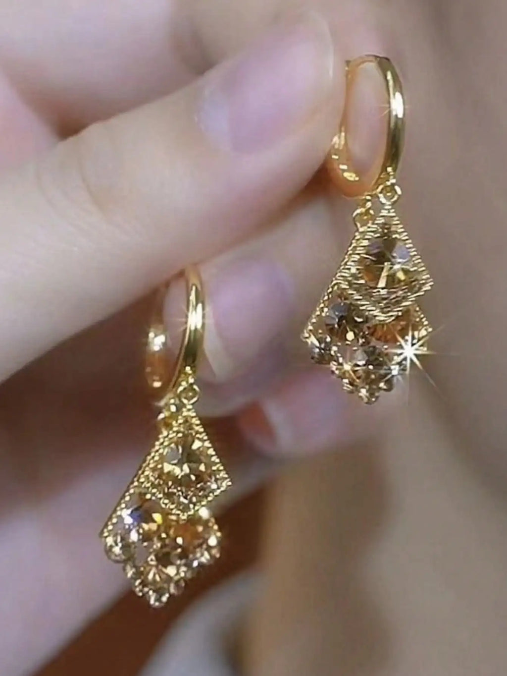 Gold-Tone Geometric Double-Layer Rhombus Dangle Earrings with Crystal Accents for Women
