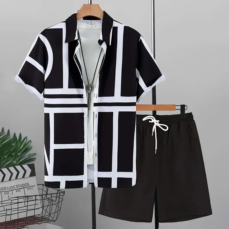 Men's Hawaiian Beach Vacation Shirt Men's Short Sleeve Shorts Set Textured Printed Men's 2-Piece Casual Ventilated Men's Set
