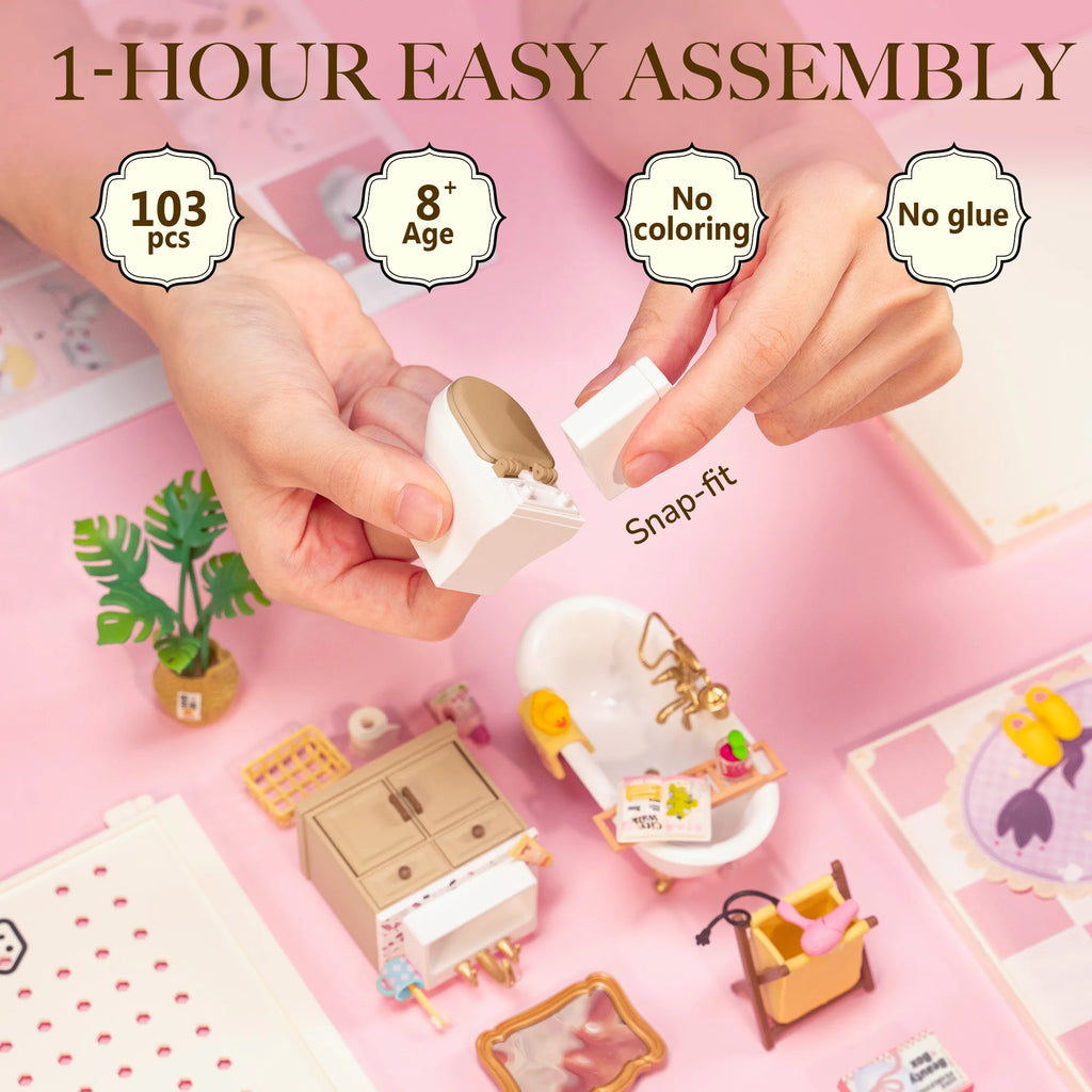 Rolife DIY Miniature House Kit Pop Bubble Bathroom Super Creator Dollhouse 3D Puzzle Model Building Kit with LED for Desk Decor