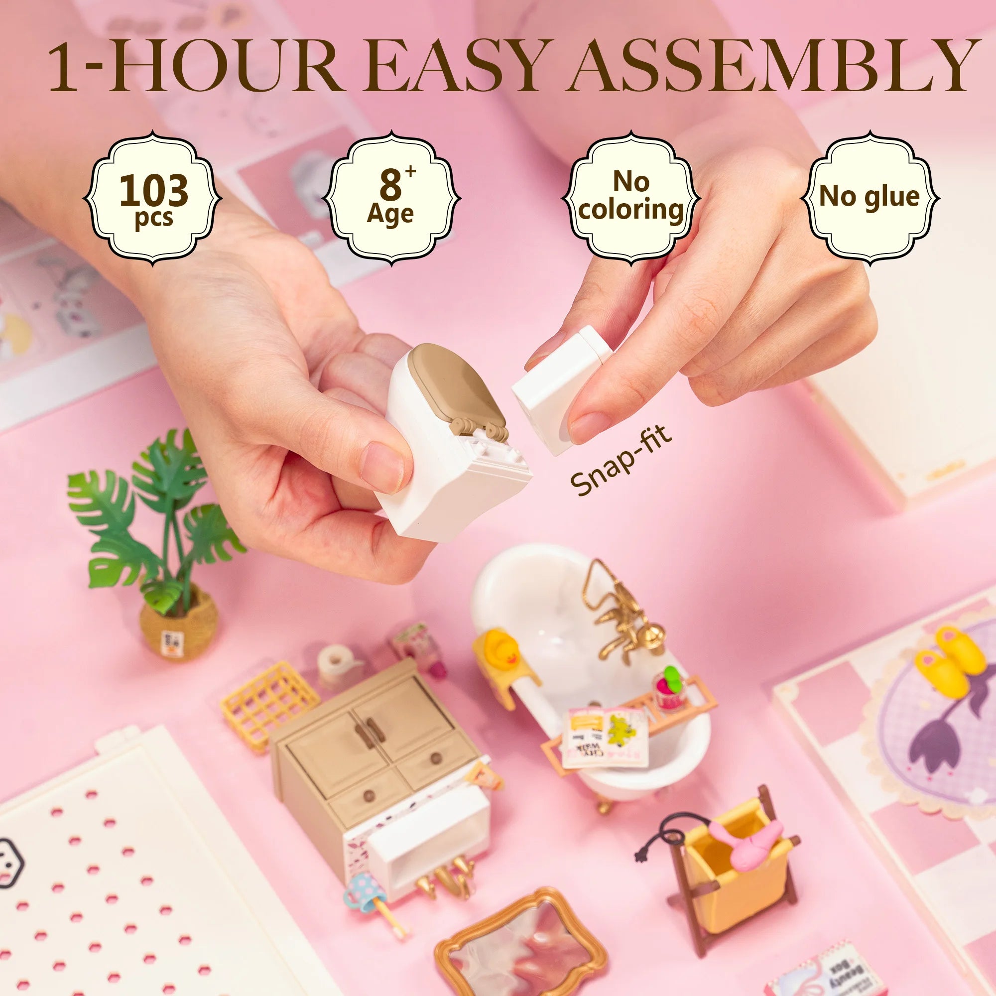 Rolife DIY Miniature House Kit Pop Bubble Bathroom Super Creator Dollhouse 3D Puzzle Model Building Kit with LED for Desk Decor