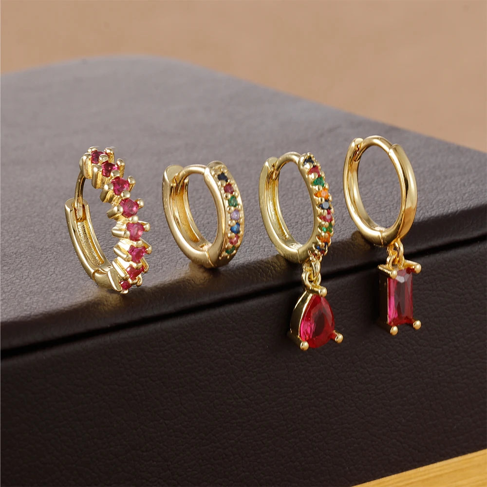 4pcs Korean Stainless Steel Zircon Water Drop Piercing Earrings Set for Women Simple Huggie Square Earring Fashion Jewelry