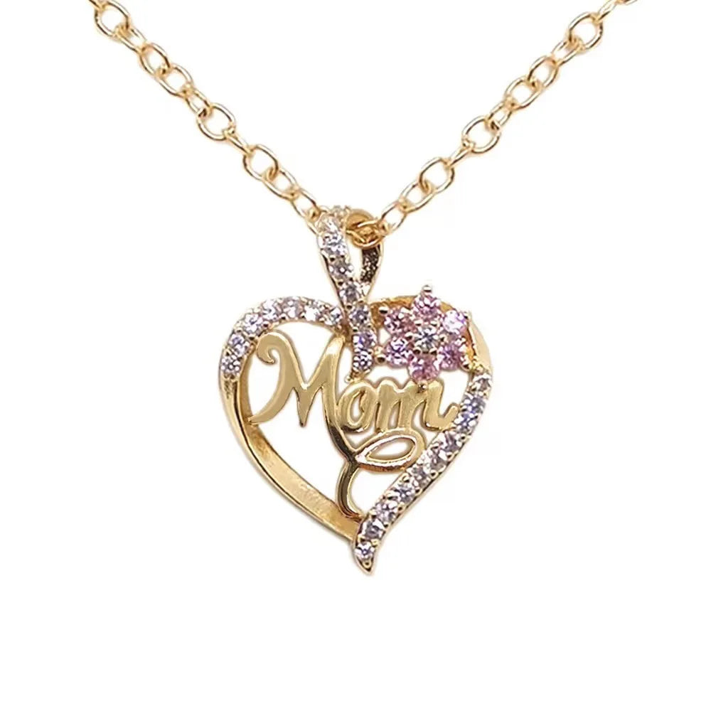 Mom Heart Pendant Necklace | Rhinestone & Pink Flower Jewelry | Mother's Day Gift for Her
