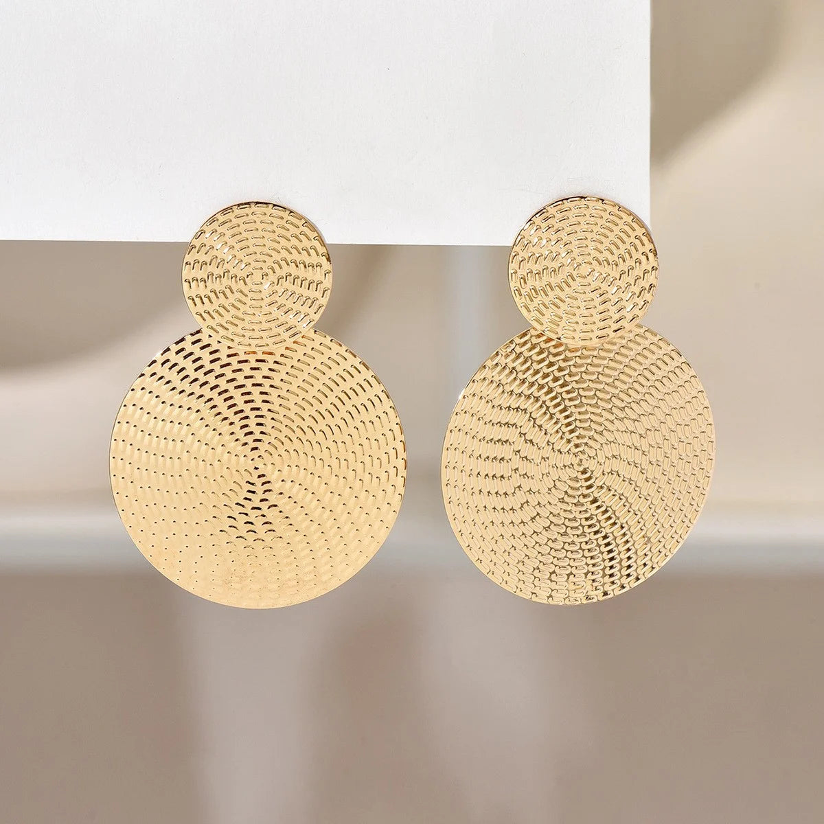 Chic Two Fashion Gold Color Circular Earrings With Intricate Woven Pattern Detailing Personality Simple Metal Dangle Earrings