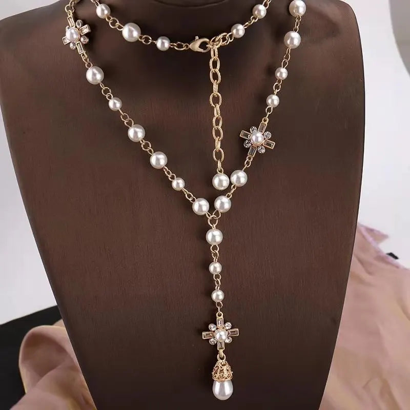 Vintage Lady Camellia Pearls Flower Long Necklace Chain Elegant Double Layers Fashion  Jewelry For Women Party Collares de moda