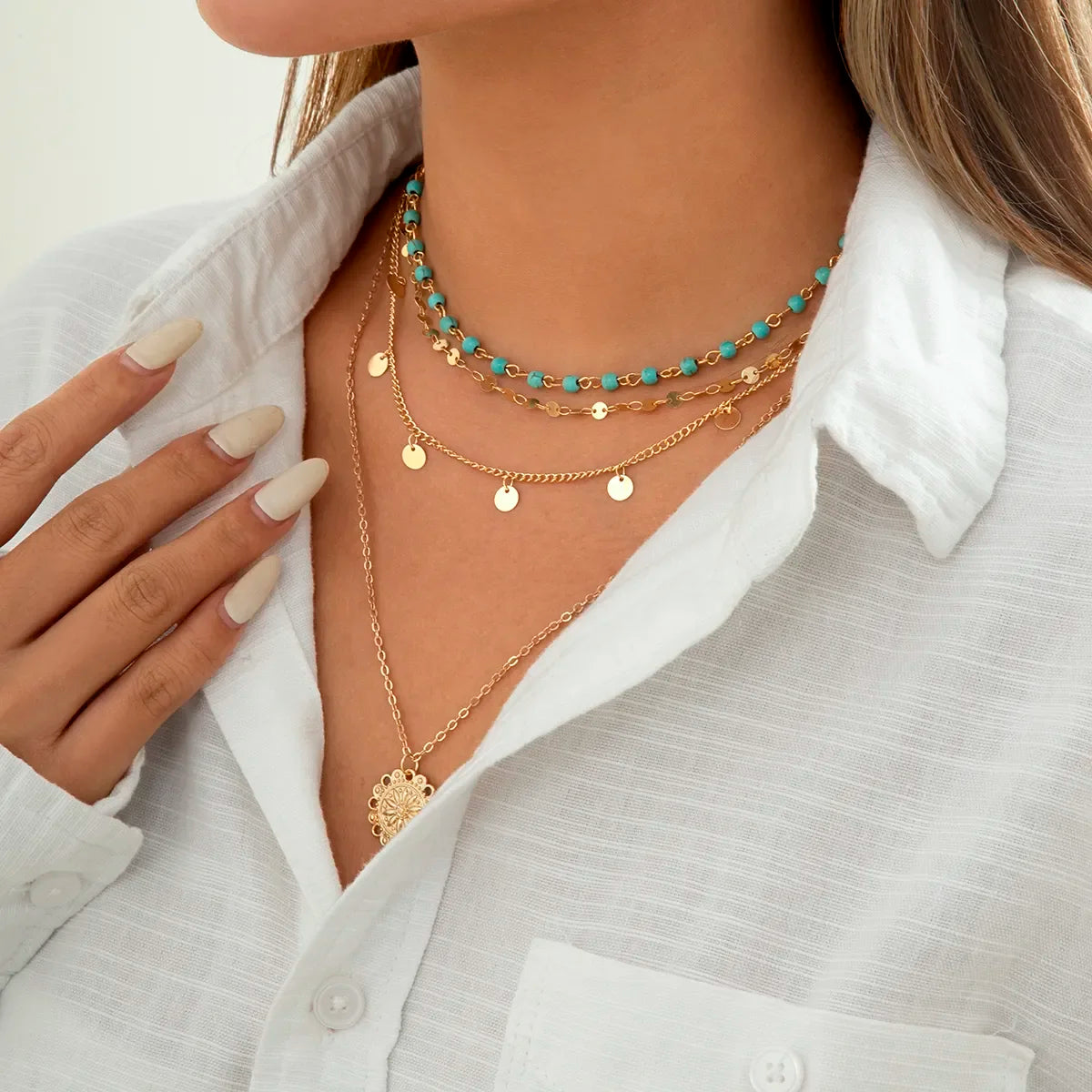 4Pcs/Set Boho Stone Flower Plate Pendant Choker Necklace for Women Vintage Gold Color Adjustable Chain Aesthetic Jewelry Gift