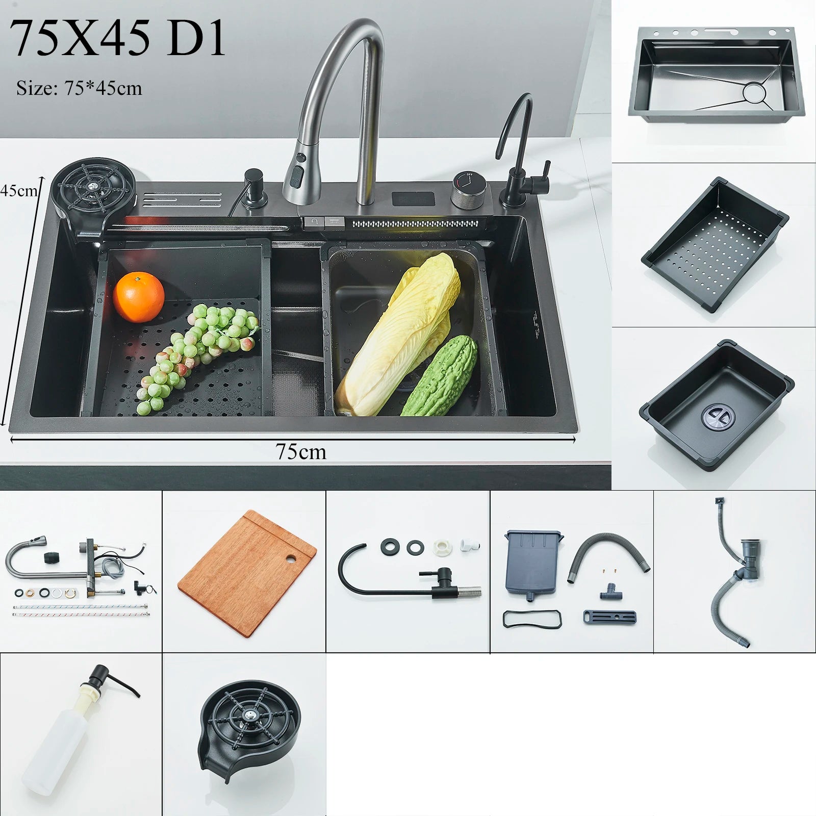 Shinesia Stainless Steel Kitchen Waterfall Sink Digital Display Large Single Sink Dish Basin Sink With Multifunction