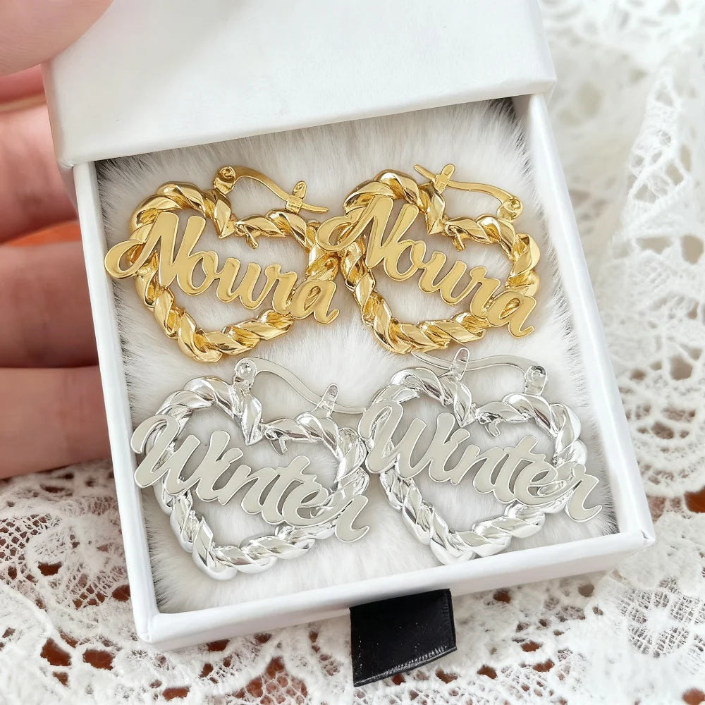 DUOYING Custom Name Twist Hoop Earrings Heart Personalised Nameplate Stainless Steel Jewelry