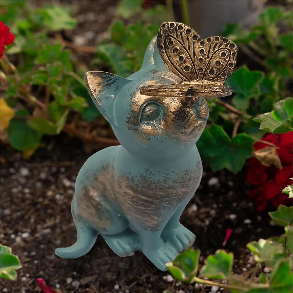 Resin Kitten Statue with Butterfly Ornament Cat Animal Sculpture Handicraft Waterproof Home Decor for Courtyard Lawn