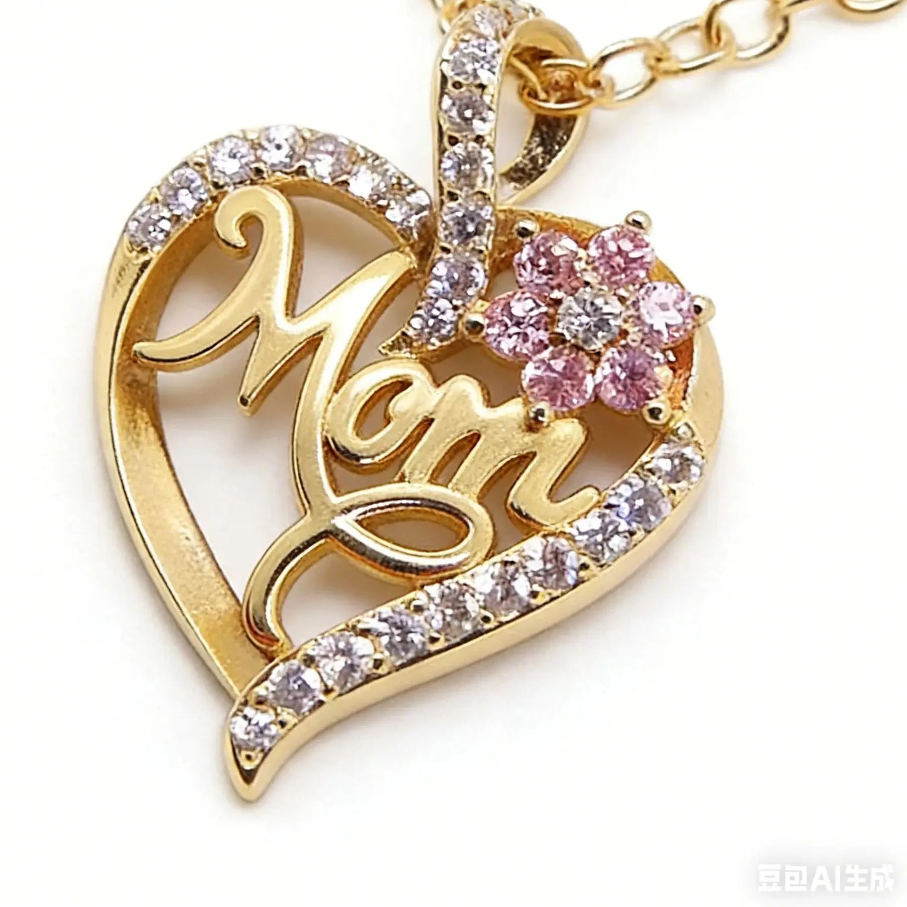 Mom Heart Pendant Necklace | Rhinestone & Pink Flower Jewelry | Mother's Day Gift for Her