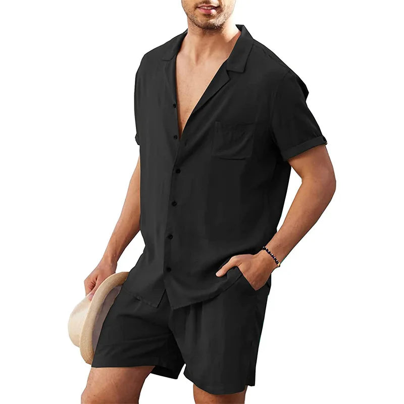Summer Cotton Linen Shirt Set Men's Casual Outdoor 2-Piece Suit Andhome Clothes Pajamas Comfy Breathable Beach Short Sleeve Sets
