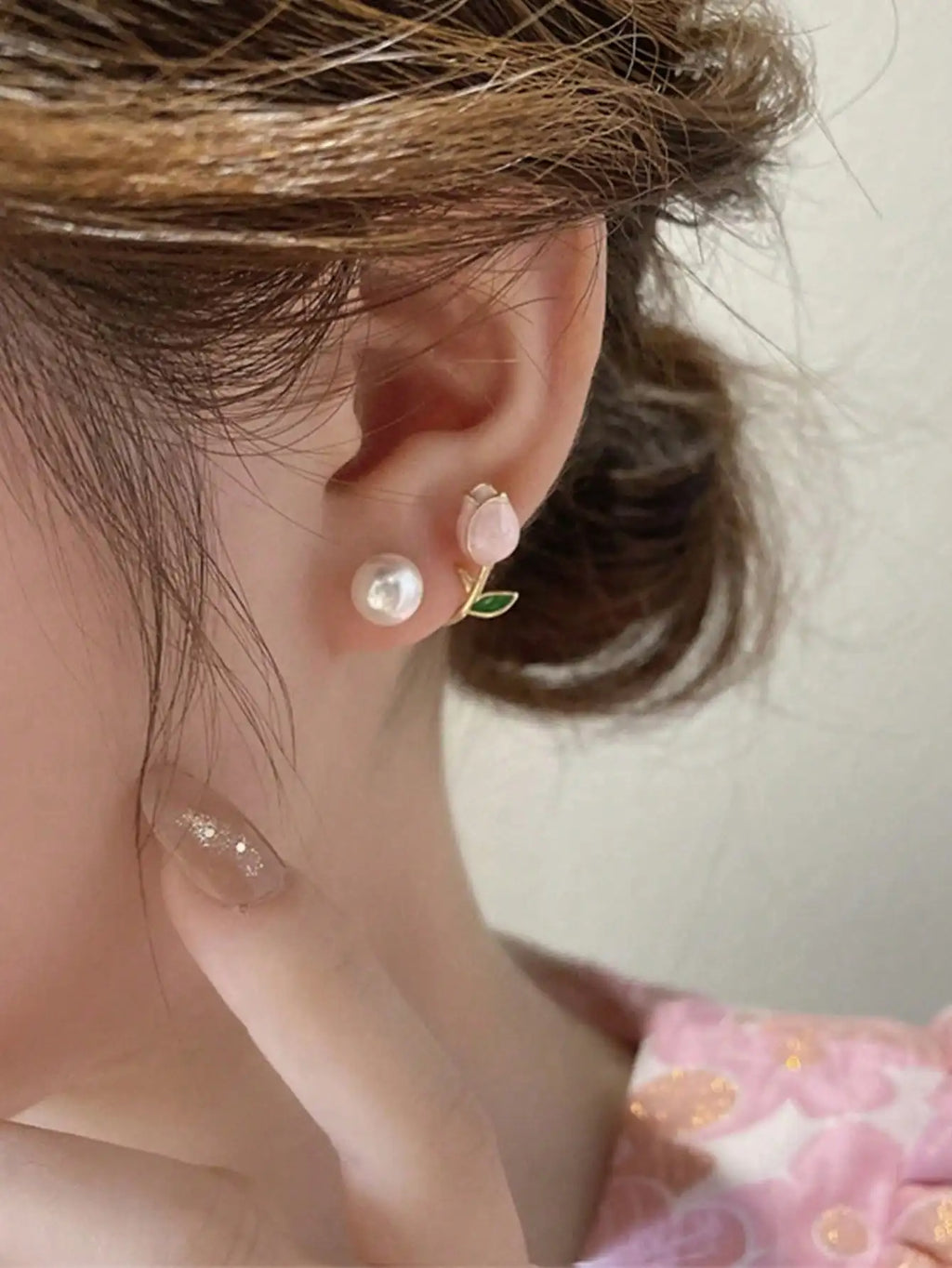 Tulip Flower Faux Pearl Ear Cuff Stud Earrings with Green Leaf Detail