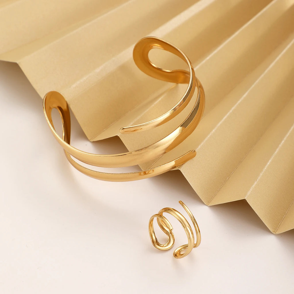 European And American Thick Bracelet And Ring Jewelry Set For Women Gold Color Geometric Line Bracelet Ring Combination Set Gift
