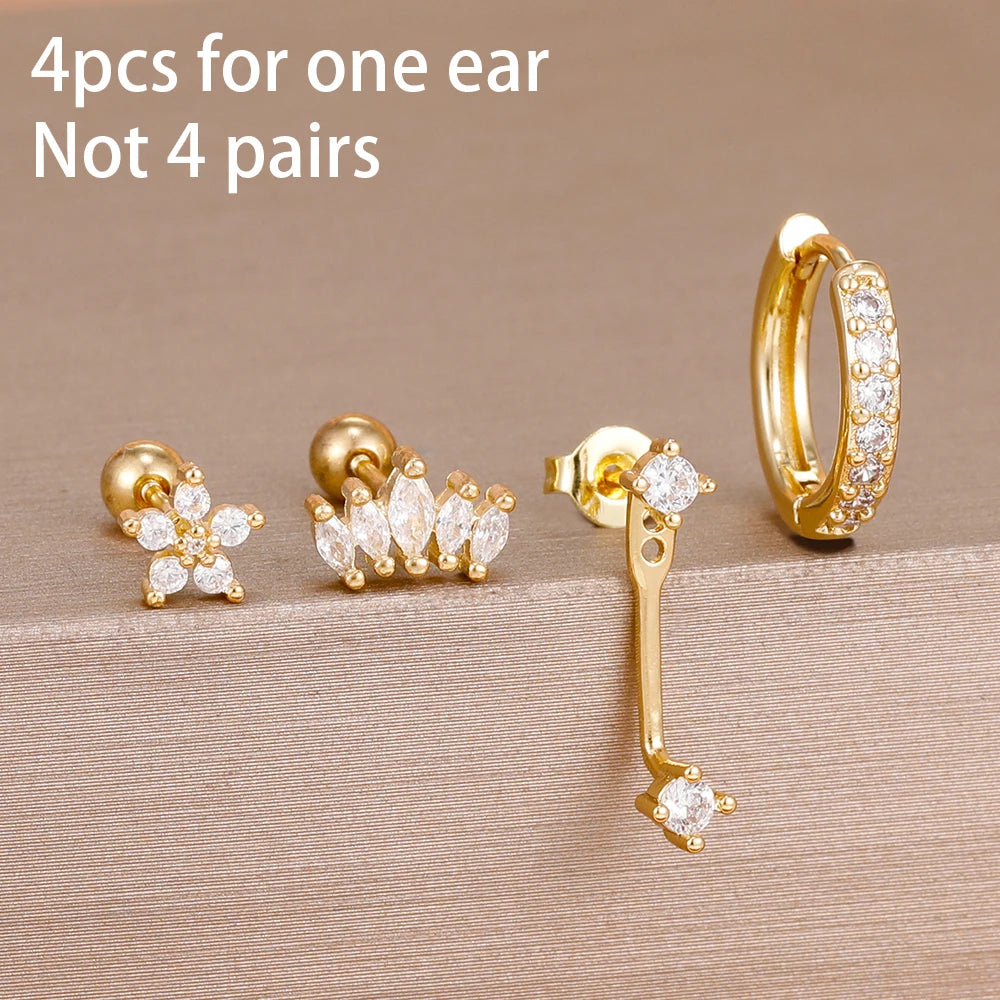 4pcs Korean Stainless Steel Zircon Water Drop Piercing Earrings Set for Women Simple Huggie Square Earring Fashion Jewelry