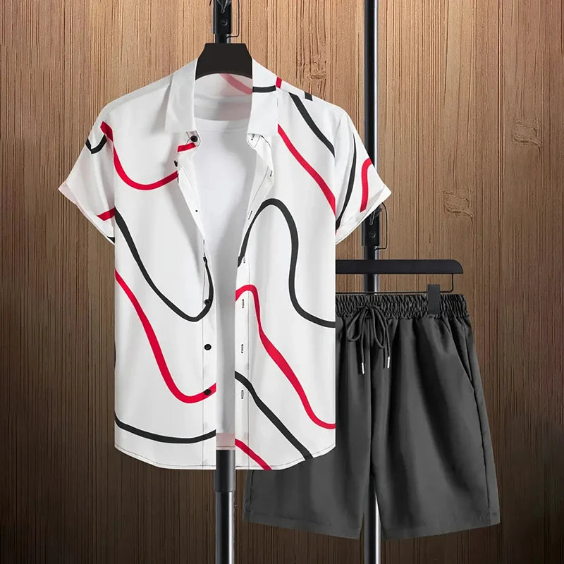Men's Hawaiian Beach Vacation Shirt Men's Short Sleeve Shorts Set Textured Printed Men's 2-Piece Casual Ventilated Men's Set