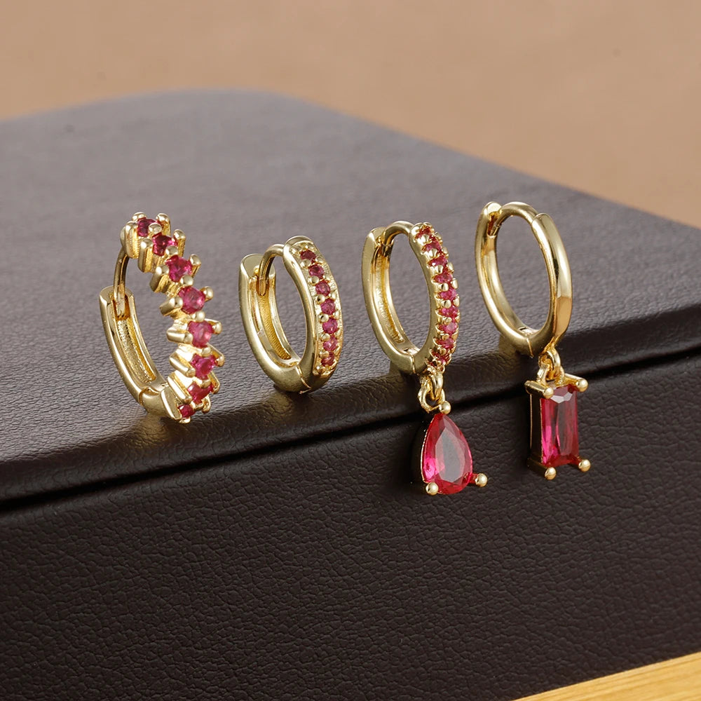 4pcs Korean Stainless Steel Zircon Water Drop Piercing Earrings Set for Women Simple Huggie Square Earring Fashion Jewelry