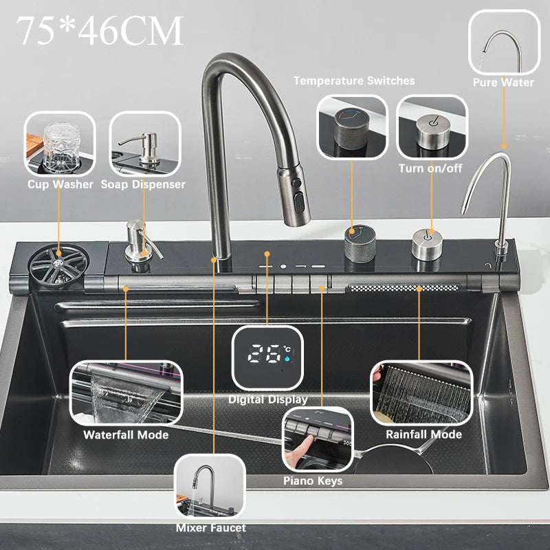 Shinesia Stainless Steel Kitchen Waterfall Sink Digital Display Large Single Sink Dish Basin Sink With Multifunction