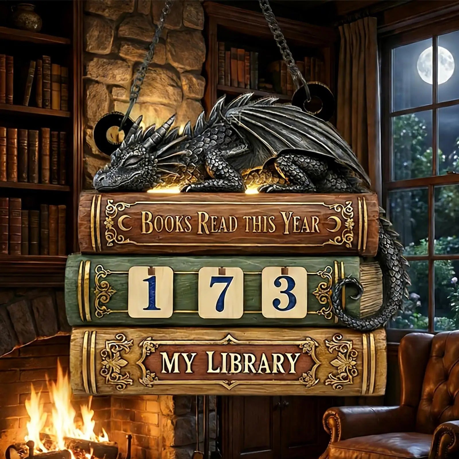 Dragon Embossed Wooden Books Read Counter Tracker Reading Challenge Goal Display Ornament Bookend for Book Lovers Library Decor