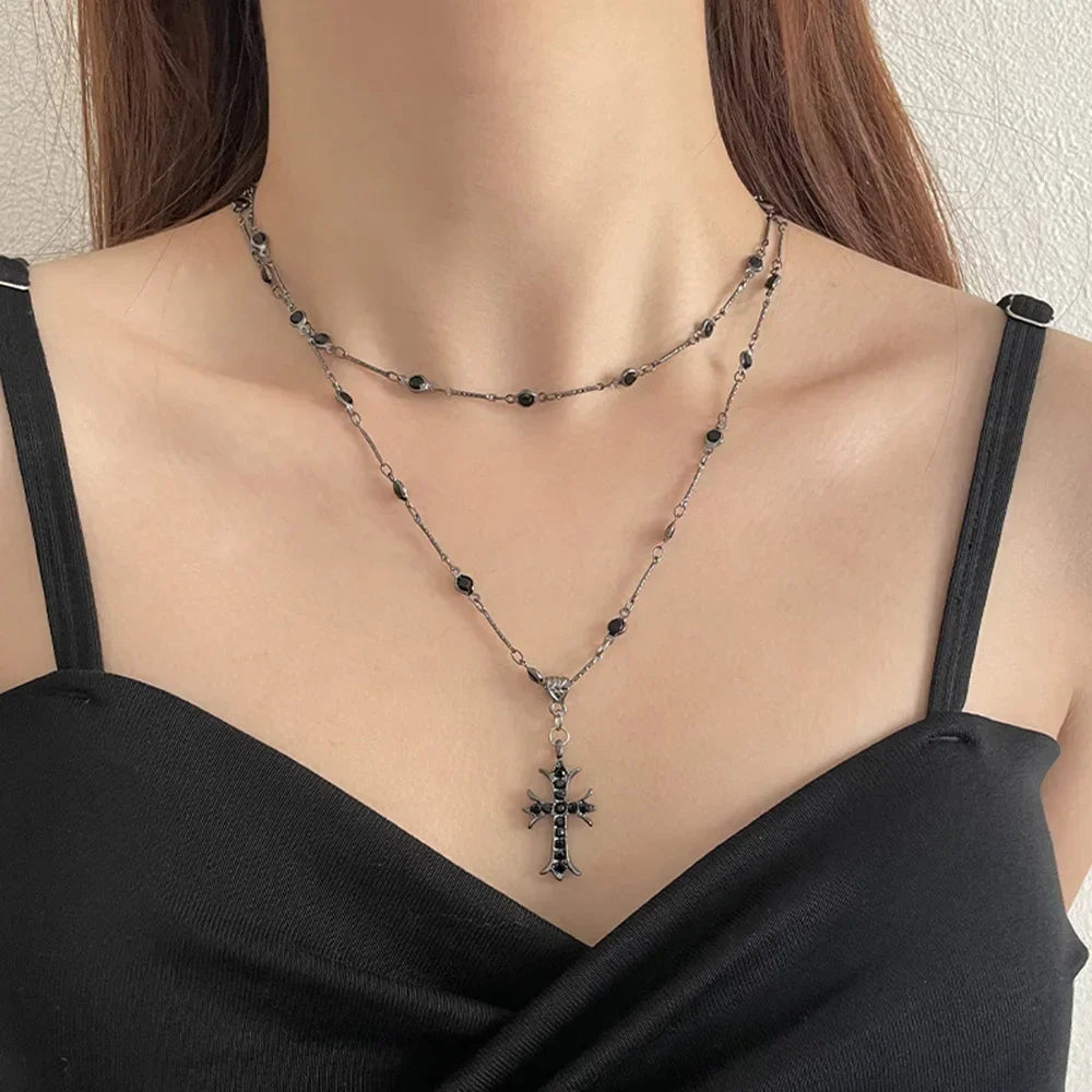 Summer Black Rhinestone Cross Jesus Pendant Choker Necklace for Women Punk Vintage Double Layers Chain 2025 Neck Boho Jewelry