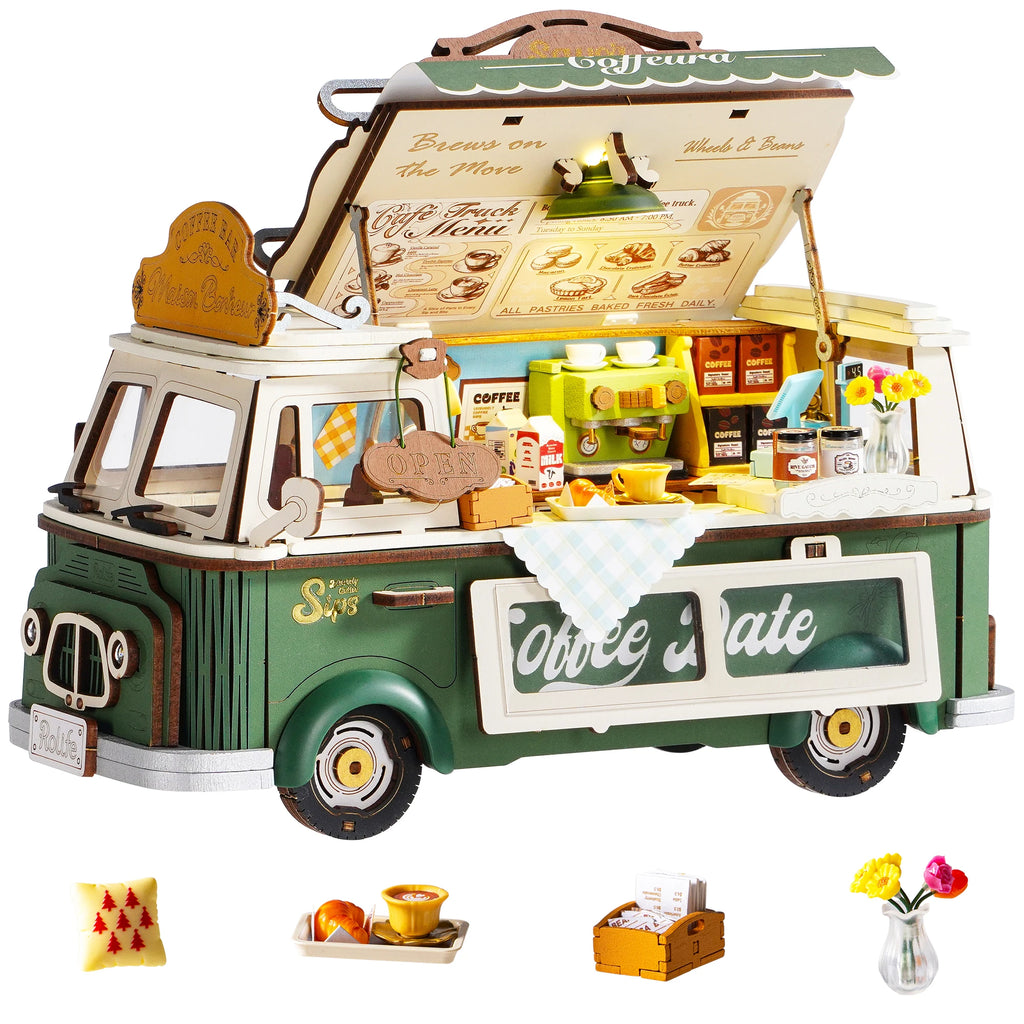 Rolife Wooden 3D Puzzle Leo's Coffee Truck Model Building Kit DIY Minature Dollhouse Toys for Home Decor Gift for Adults Kids