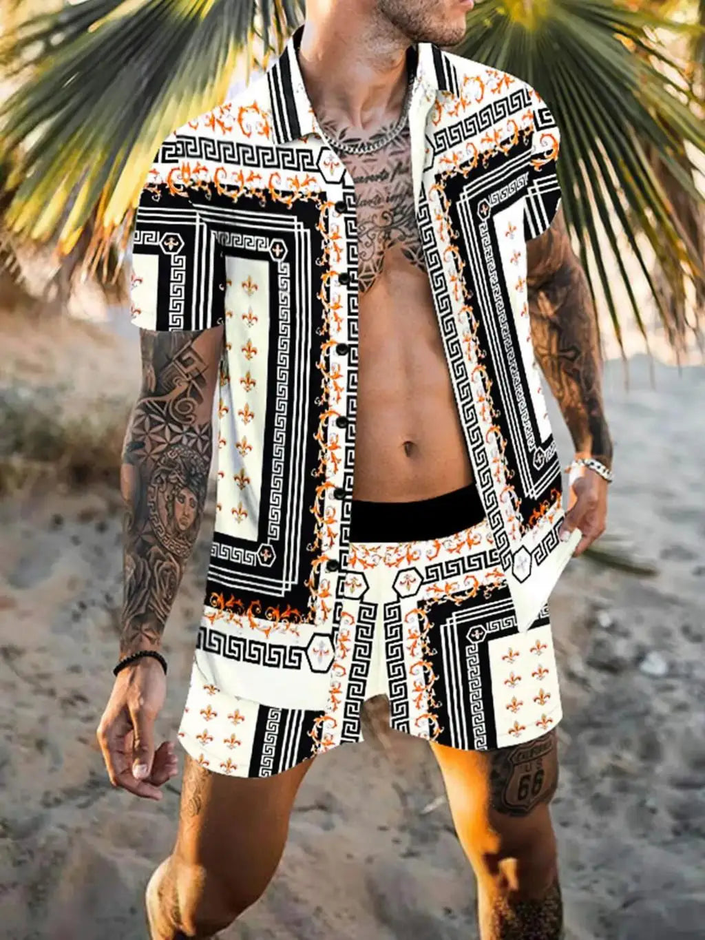 Summer Exquisite Men's Shirt Set Coconut Print Short Sleeve Top Leopard Print Shorts 2 Piece Hawaii Beach Men's Fashion Clothing