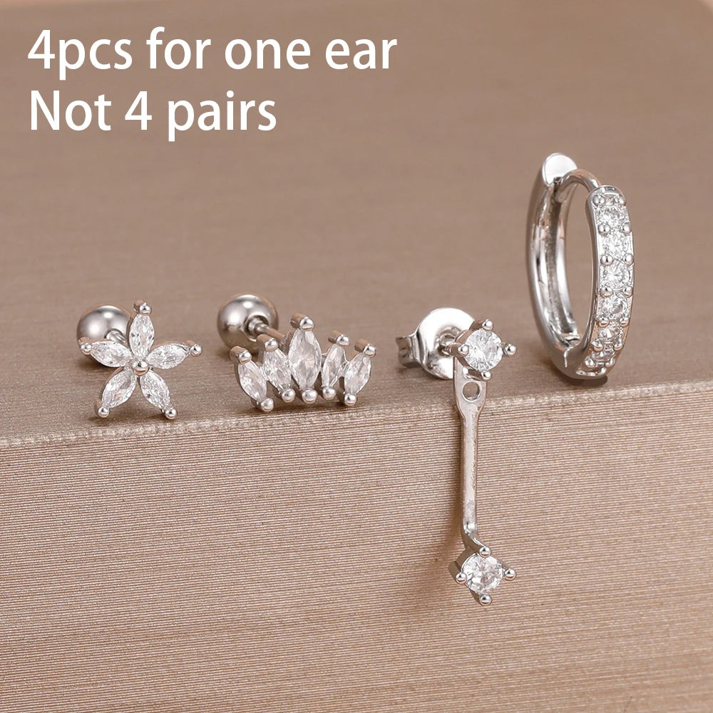 4pcs Korean Stainless Steel Zircon Water Drop Piercing Earrings Set for Women Simple Huggie Square Earring Fashion Jewelry