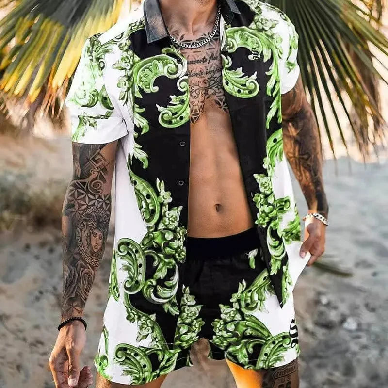 Summer Exquisite Men's Shirt Set Coconut Print Short Sleeve Top Leopard Print Shorts 2 Piece Hawaii Beach Men's Fashion Clothing
