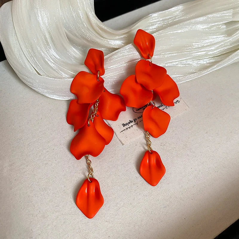 Bohemian Rose Petal Earrings Flower Red Yellow Blue Colors Flower Drop Earrings Long Tassel Earrings Party Wedding Jewelry