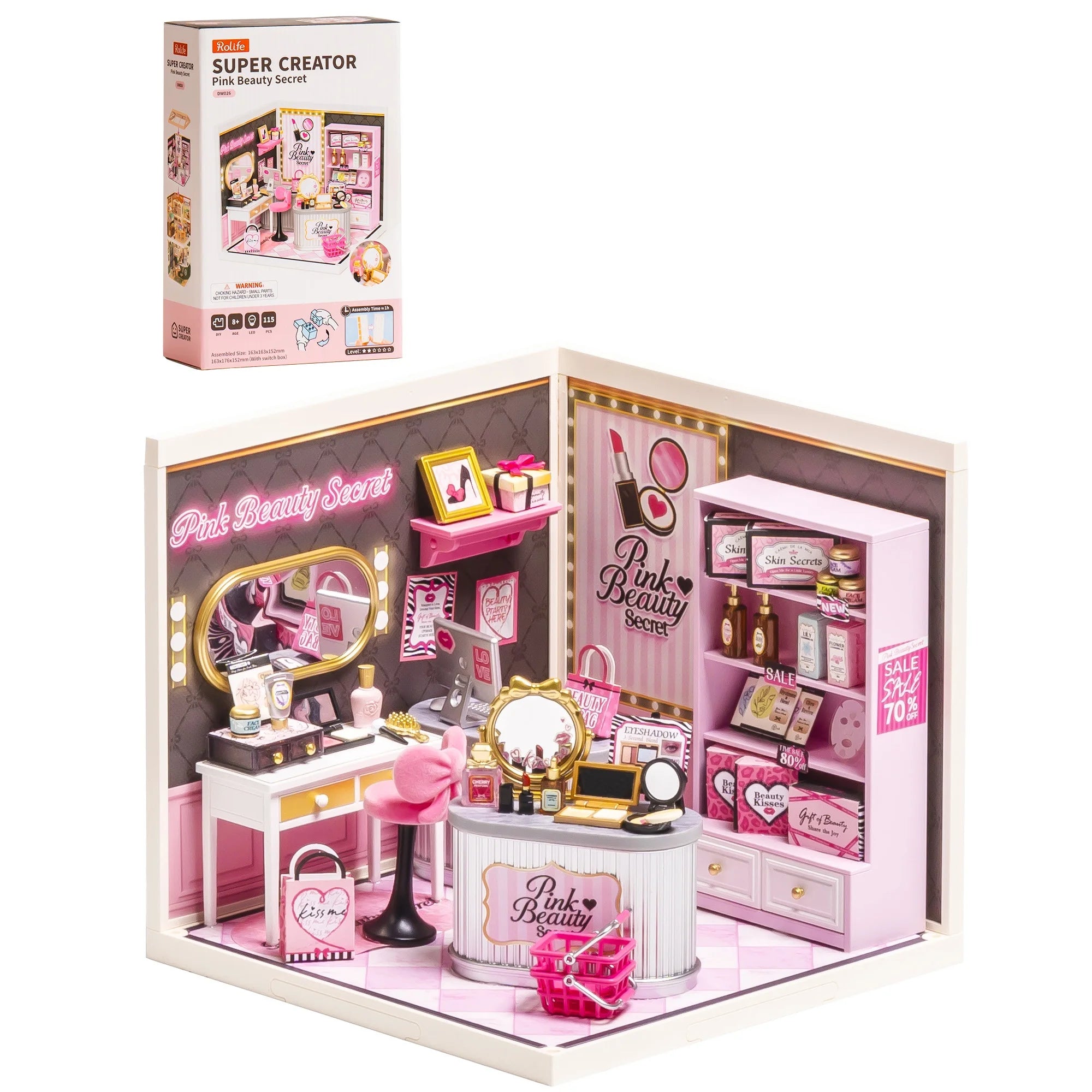 Rolife DIY Miniature House Kit Super Creator Serious Pink Beauty Secret Dollhouse 3D Puzzle Model Building Kit Home Desk Decor