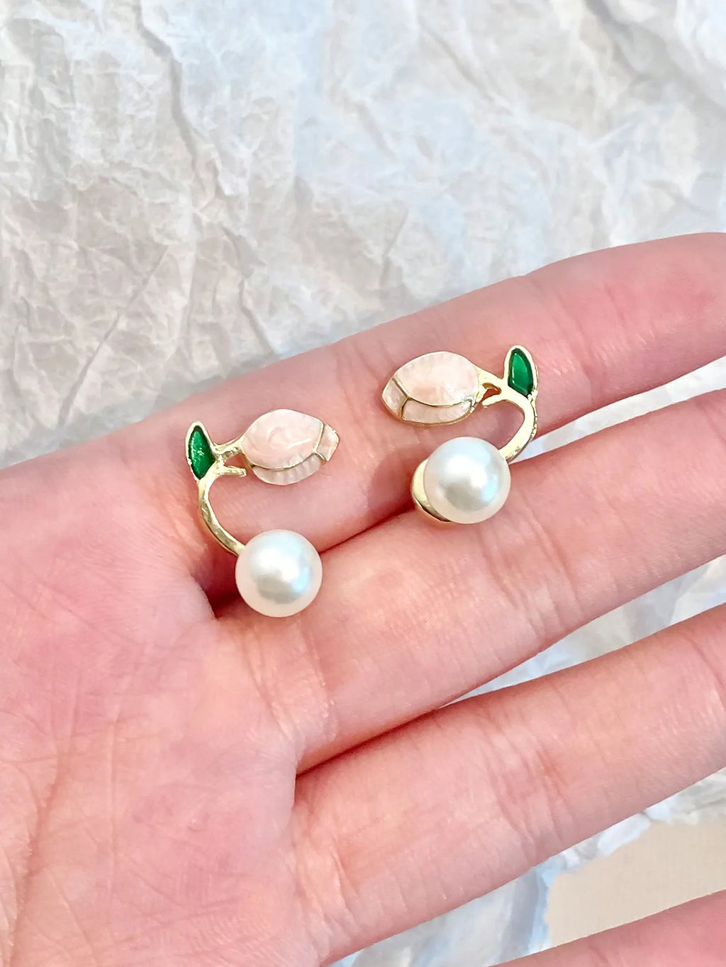 Tulip Flower Faux Pearl Ear Cuff Stud Earrings with Green Leaf Detail