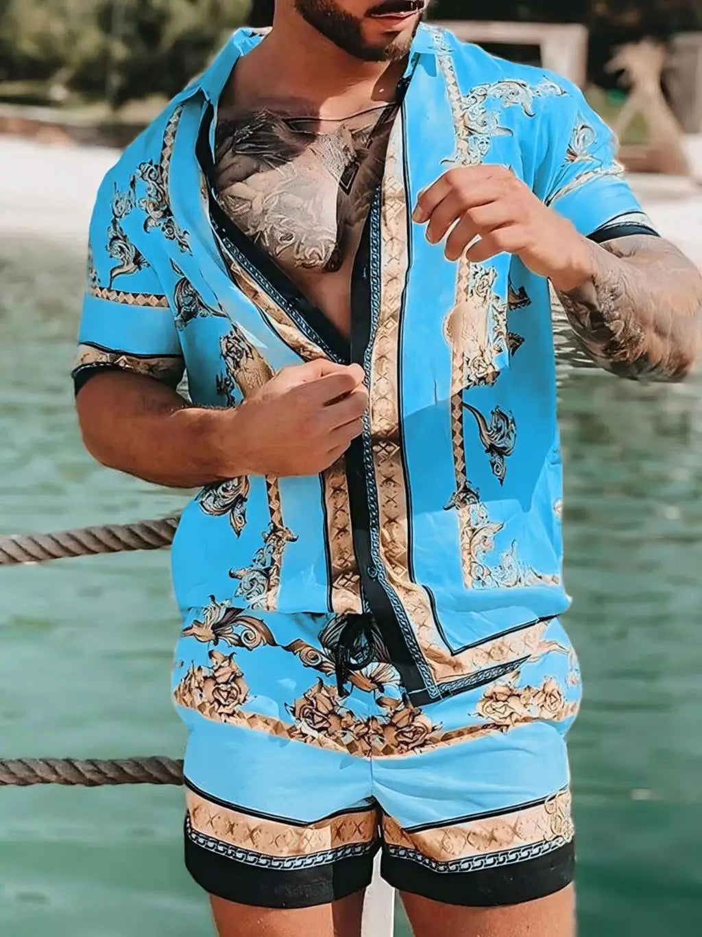 Summer Exquisite Men's Shirt Set Coconut Print Short Sleeve Top Leopard Print Shorts 2 Piece Hawaii Beach Men's Fashion Clothing