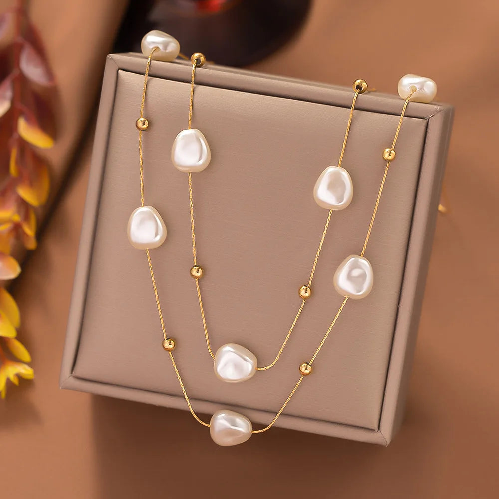 316L Stainless Steel 2in1 Large Pearl Pendant Necklace for Women New Trend Girls Neck Jewelry Chain Party Wedding Gift