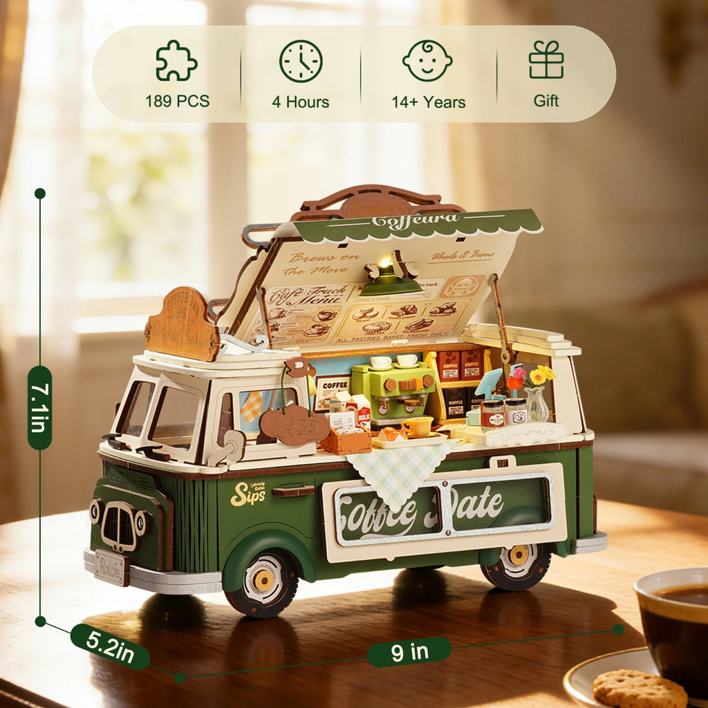 Rolife Wooden 3D Puzzle Leo's Coffee Truck Model Building Kit DIY Minature Dollhouse Toys for Home Decor Gift for Adults Kids