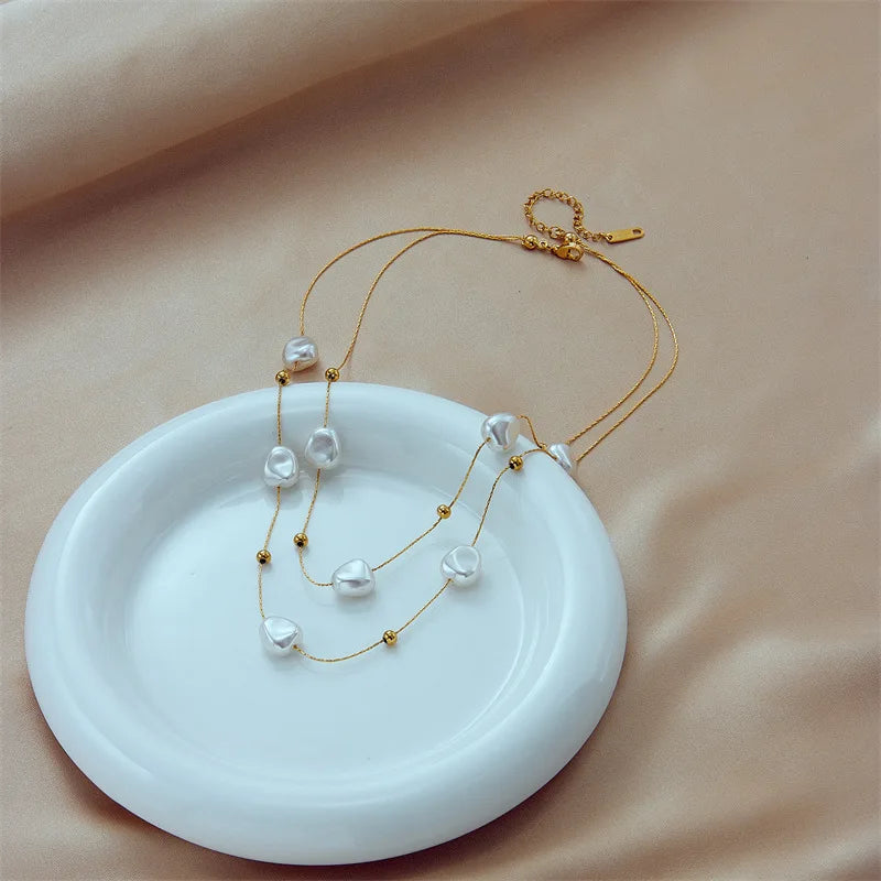 316L Stainless Steel 2in1 Large Pearl Pendant Necklace for Women New Trend Girls Neck Jewelry Chain Party Wedding Gift