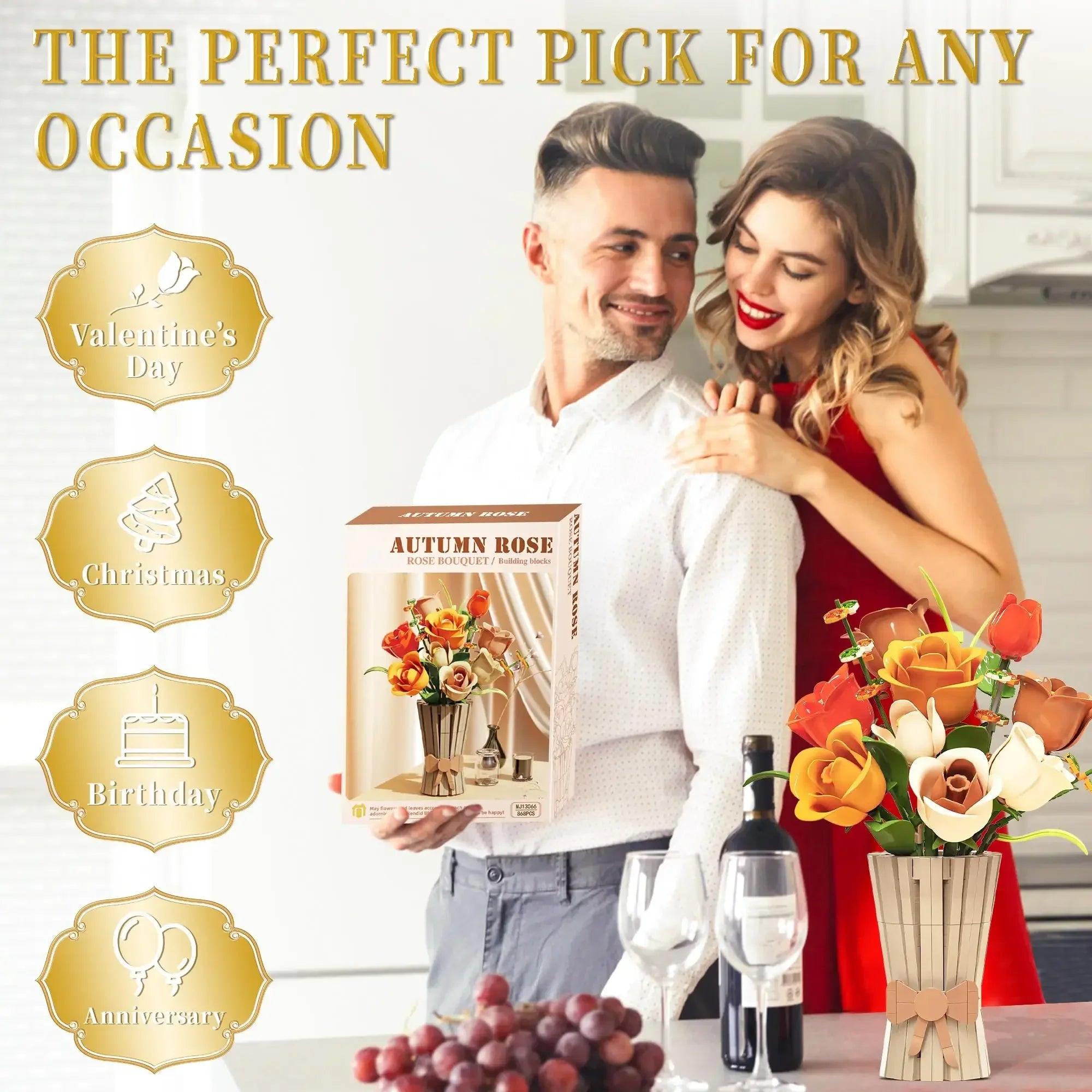 868PCS Rose Bouquet Building Blocks Eternal Flower Vase Bricks Home Decor Romantic Valentine's Day Gifts Girls Kids DIY Toys